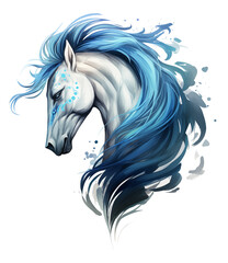 Aufkleber - Artistic rendering of a white horse with a flowing blue mane on a transparent background showing head png