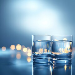 Poster - Two elegantly lit glasses of pure water reflecting bokeh lights on a smooth surface creating a serene and refreshing ambiance