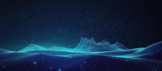 Fototapete - Abstract Digital Landscape:  A Serene Cyan Nightscape with Glowing Particles