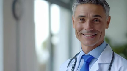 Poster - A close-up of a smiling doctor in a white coat with a stethoscope, set in a bright medical office. This portrait captures professionalism and approachability in the healthcare setting.