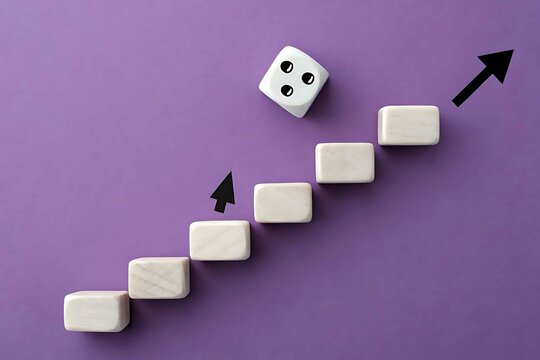 Ascending staircase of white blocks with die and black arrows symbolizing growth or progression