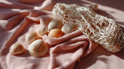 Poster - Delicate seashells are beautifully scattered atop soft pink fabric, complemented by a vintage crochet bag. This tranquil display captures the essence of beach life and summer memories