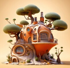 Poster - オレンジ色の奇妙な家 緑の木と砂地の背景 屋外のファンタジー建築デザイン