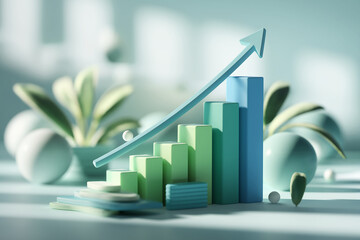 Poster - 3D rendering of ascending green and blue bars with an upward arrow, symbolizing growth and progress, set against a blurred background with pastel spheres and leaves, highlighting a clean, modern, and 