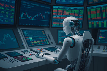 Poster - White robot operates complex control panel with multiple screens displaying financial data, showcasing technological advancement in finance and automation