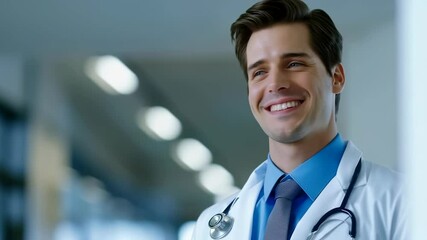 Poster - This image features a smiling doctor, wearing a lab coat and stethoscope, standing in a medical setting. The focus is on his positive expression, conveying a sense of confidence and trustworthiness.