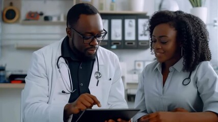 Poster - A male doctor with glasses and a white coat sits with a female colleague, both smiling and looking at a tablet. They are in an office setting, consulting on medical information.