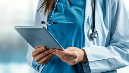 Poster - A doctor uses a tablet, wearing scrubs and a white lab coat, with a stethoscope around their neck. This emphasizes the integration of technology in modern healthcare practices, enhancing efficiency.