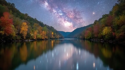 Poster - Stunning landscape astrophotography showcasing a vibrant night sky over a serene river