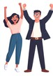 © kkkiim graphic - two happy people, a woman cheering with raised hands  and a man standing with thumbs up