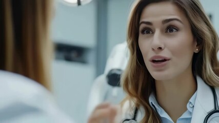 Poster - A happy healthcare professional, seen in a bright, clinical environment, possibly consulting with a patient, her stethoscope visible against her lab coat, radiating an approachable demeanor.