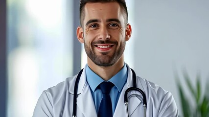 Poster - This portrait features a smiling doctor wearing a lab coat and tie, his arms crossed, looking directly at the viewer. The shot suggests competence and trustworthiness in a healthcare setting.