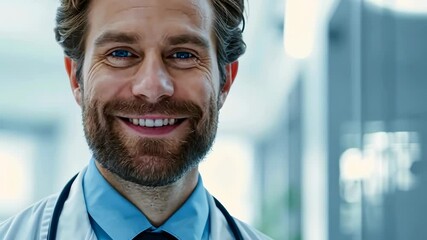 Poster - A smiling doctor with a beard, wearing a white coat and stethoscope. The setting suggests a modern medical environment, possibly a clinic or hospital, bathed in soft, natural light. 
