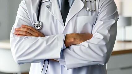 Poster - A healthcare professional in white coat, shirt, and tie has their arms crossed. A stethoscope is draped over their shoulder. Confident and ready to serve patients. Medical care expertise are conveyed
