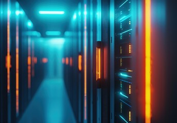Poster - Bright modern server hallway with glowing orange and cyan racks, highlighting cybersecurity, cloud storage, and futuristic digital systems. Great for tech and IT infrastructure themes