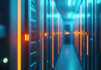 Poster - Futuristic data center hallway with glowing orange and blue server lights, emphasizing technology, security, and high-speed infrastructure. Perfect for IT and cloud concepts