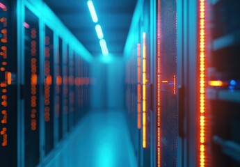 Poster - Illuminated data center with glowing orange and blue server racks in a sleek corridor, symbolizing advanced networking and secure digital operations. Perfect for tech or IT use