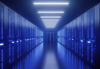 Poster - High-tech data center corridor with glowing blue server racks and bright ceiling lights, representing secure infrastructure and cloud computing. Ideal for tech, IT, and AI content