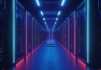 Poster - Colorful server room with vibrant blue and pink lighting along futuristic racks, showcasing secure digital infrastructure. Ideal for AI, tech, cybersecurity, and cloud visuals