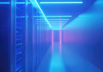 Poster - Futuristic server room with glowing cyan and magenta lighting, minimal design, and ample space for text. Perfect for AI, tech, cloud, and digital transformation concepts