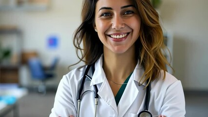 Poster - A cheerful doctor with a caring smile in a white coat and stethoscope is ready to help in a hospital environment. She radiates a welcoming presence, prepared to offer medical support.