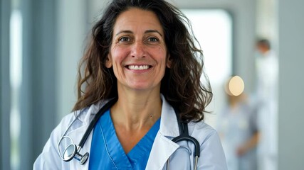 Poster - Portrait of a confident, friendly healthcare professional, doctor or nurse, wearing a white coat and stethoscope, with a smile. The background appears to be a bright, modern medical facility.