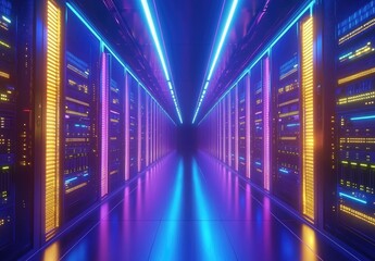Poster - Vibrant futuristic server room with neon blue, purple, and yellow lights reflecting on polished floors, ideal for AI, cloud, cybersecurity, and advanced tech presentations