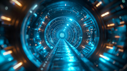 Wall Mural - Blue Neon Sci-Fi Tunnel Futuristic Glowing Light Rays for Tech Backgrounds.