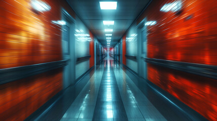 Wall Mural - Modern Hospital Corridor Red Blue Abstract Architecture, Long Exposure Motion Blur Graphic Background.