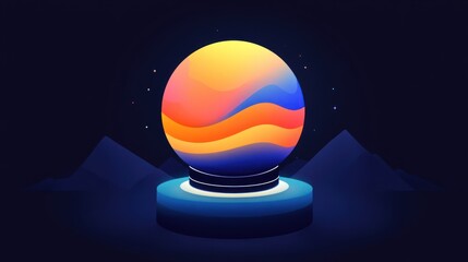 Poster - Colorful Sphere on a Pedestal Against a Dark Mountainous Backdrop