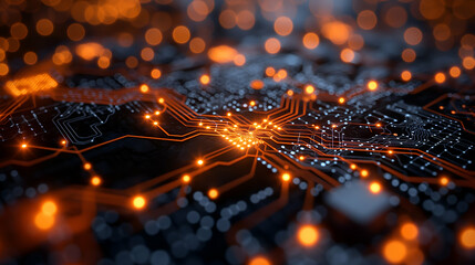 Wall Mural - Orange Circuit Board Glowing Tech Network, Futuristic Digital Background.