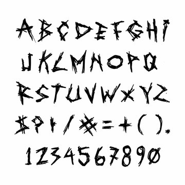 Grunge punk rock Horror Font. Hand Made Brush Typeface. Vector Stock Illustration. Brush stroke Alphabet. Typography for scary headlines and horror movie scenarios.
