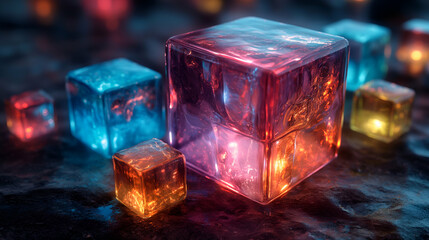 Wall Mural - Colorful Glass Cubes Illuminated Neon Blocks on Dark Background for Modern Digital Art.