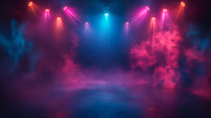 Wall Mural - Pink Blue Neon Stage Smoke Background, Cyberpunk Vaporwave Grunge Texture.