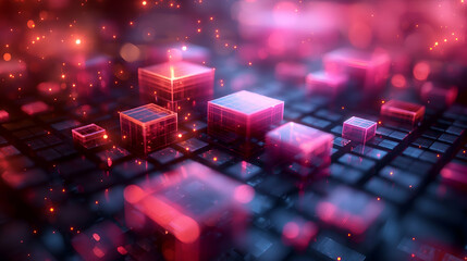 Wall Mural - Pink Neon Cubes Cyberpunk Tech Grid, Futuristic Glowing Particle Design.