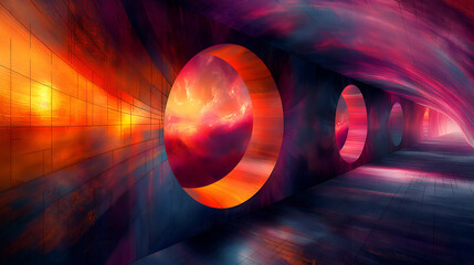Wall Mural - Sunset Color Tunnel Cosmic Portal Design, Vibrant Futuristic Space Art.