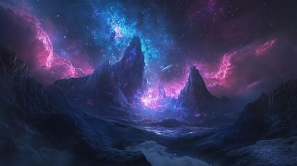 Wall Mural - cosmic peaks pierce a vibrant, starry night sky.