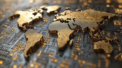 Poster - Golden World Map on Digital Circuit Board, Technological Advancement