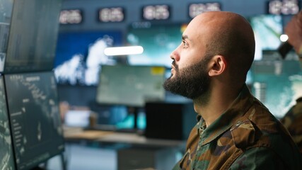 Poster - Army telecommunication systems operator using radio and satellite gear to gather intel, providing combat support. Special forces military dispatcher managing communications networks, camera A