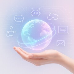 Poster - Hand holding a holographic projection of earth, surrounded by digital communication icons representing global connectivity, artificial intelligence, and cloud computing