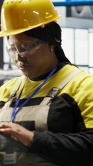 Poster - vertical video industrial plant engineer using laptop to implement automated workflows and control s