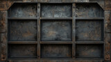 Grungy sci-fi metal wall with weathered panels, symmetrical shelves, and a futuristic industrial design