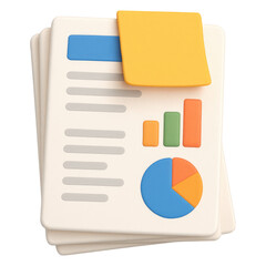 Poster - 3D of Stacked Documents with Charts Sticky Note Business Report Data Visualization, Isolated on Transparent Background