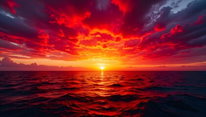 Wall Mural - Dramatic Sunset Over Ocean with Vivid Reds and Oranges in Sky