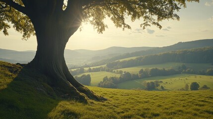 Wall Mural - Lush landscape view under a large tree at sunset.