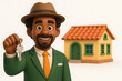 © Olga Ко - Corretor brasileiro com chaves da casa ícone 3D cartoon. Imóvel. Venda e compra de imóveis. Hipoteca no Brasil ilustração.