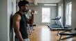 © Matt - Young man taking a drink from a water bottle in a well-lit gym with exercise machines