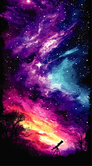 Wall Mural - mesmerizing vector illustration of telescope silhouetted under beautiful galaxy night sky with stars