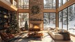 © Yana - Cozy Christmas Living Room Interior with Fireplace and Snowy Winter View Through Large Windows