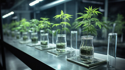 Poster - Cannabis plants growing in a modern laboratory setting